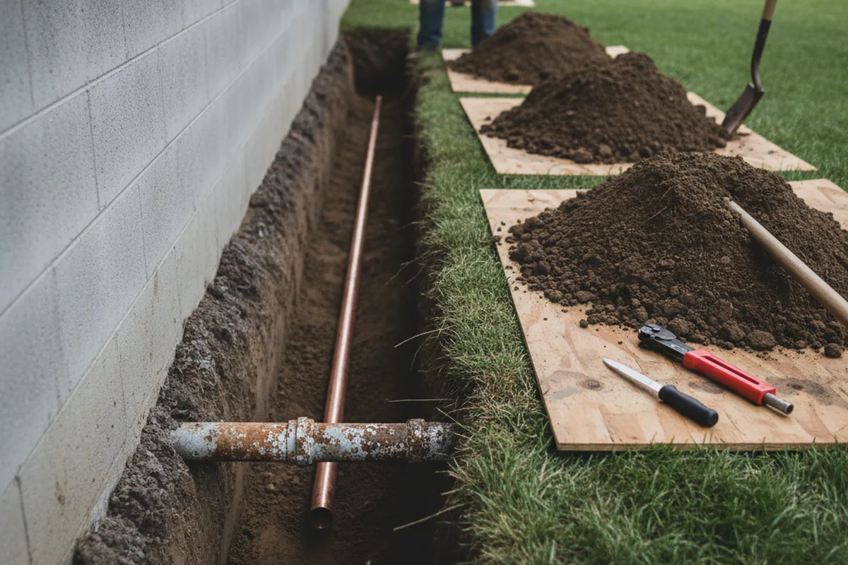 Excavated water line trench during Water Softener Installation in Leary
